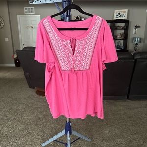 Lane Bryant Pink with embroidered front short flutter sleeves. Size 18-20